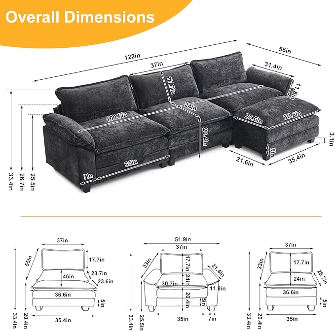 Karl home Sectional Sofa Modular Deep Seat Sofa Couch with Ottoman, Chenille Sofa Sleeper Comfy Upholstered Furniture for Living Room, Apartment, Studio, Office, (3-Seat & 1-Ottoman, Black)