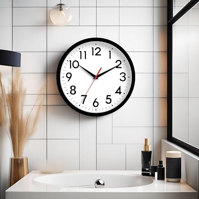 12 Inch Wall Clock Silent Non-Ticking Battery Operated Analog Clock Decorative for Office Kitchen Outdoor Living Room Classroom Bedroom Bathroom School(Black)