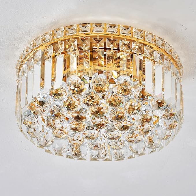 4-Light Gold Crystal Chandeliers Flush Mount Chandelier Light Fixture with K9 Crystals Modern Ceiling Lights Elegant Round Lamp for Bedroom,Hallway,Bar,Living Room,Dining Room,H5.9 xW13.7