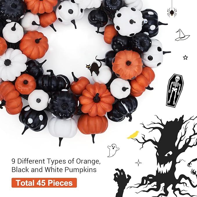 GarveeHome Halloween Pumpkin Wreath for Front Door, 18 Inch Fall Farmhouse Wreath with Orange, Black and White Pumpkins, Rattan Bottom Halloween Indoor Outdoor Home Party Decor