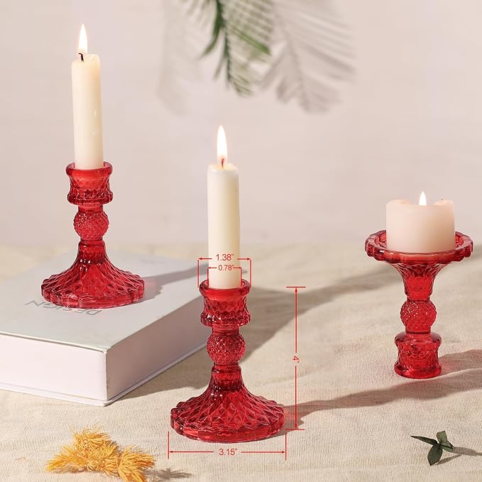 12Pcs Red Candlestick Holders Set- 4" H Taper Candle Holders Bulk, Glass Candle Holders for Activities, Party, Romantic Dinner Table Centerpieces, Festival Gifts & Windowsill Decor