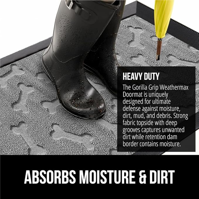 GORILLA GRIP 100% Waterproof All-Season WeatherMax Doormat 35x23, US Designed Natural Rubber, Stain and Fade Resistant, Low Profile Indoor Outdoor Door Mats, Easy Clean Patio Mat, Light Gray Bones