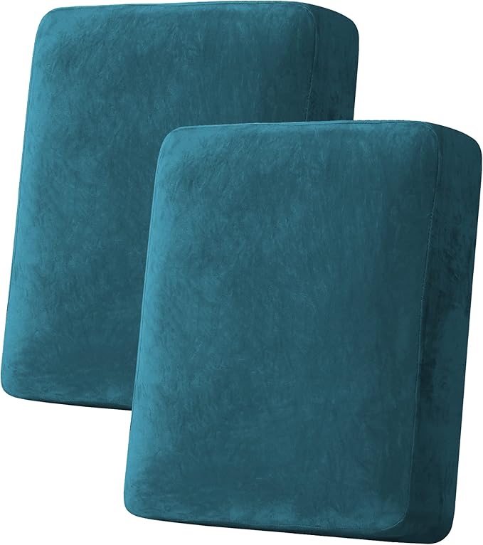 H.VERSAILTEX Velvet Stretch Couch Cushion Cover Plush Cushion Slipcover for Chair Loveseat Sofa Cushion Furniture Protector Seat Cushion Sofa Cover (2 Piece Medium Sofa Cushion Covers, Deep Teal)