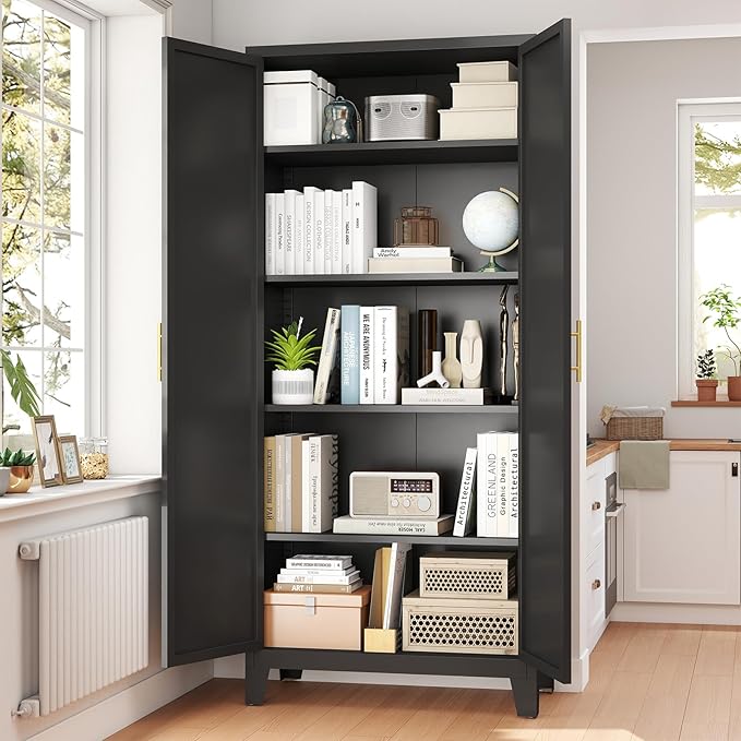 70.87" H Metal Kitchen Pantry Cabinet, Freestanding Cupboard with 2 Doors and 4 Adjustable Shelves, Tall Metal Storage Cabinet for Kitchen, Bathroom, Dinning Room or Laundry Room （Black）