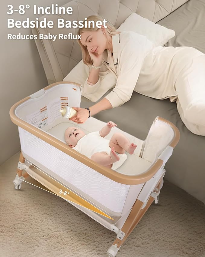 4 in 1 Baby Bassinet, Bassinets Bedside Sleeper with Wheels and Storage Basket, Adjustable 7 Heights Bedside Sleeper with Mosquito Net, Breathable Mesh Rocking Bassinet for Baby