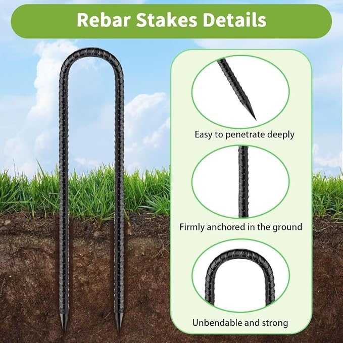 Ground-Stakes-Heavy-Duty-12 inch, U-Hook Rebar Stakes Black Coated Anti-Rust 6pcs Garden Stakes Metal Ground Anchors for Garden Dog Fence Chicken Coop Christmas Decorations Deer Fence