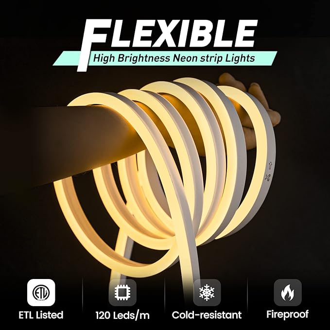 GZBtech Flexible LED Neon Rope Lights 33FT,AC 110-120V Waterproof Strip Light, 120 LEDs/M Cuttable Connectable Neon Lighting for Indoor Outdoor Home Decor/Commercial Building Use-Warm White 10M