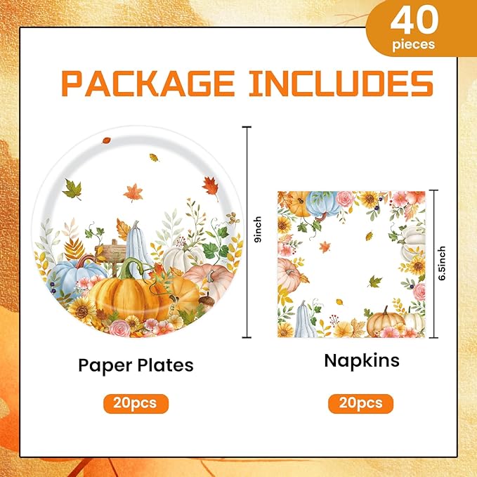 40Pcs Fall Paper Plates and Napkins Party Supplies, Disposable Thanksgiving Pumpkin Flower Wreath Plates Napkins Dinnerware Set for Autumn Theme Party Decorations (Fall)