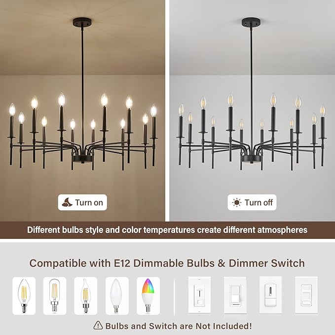 12 Light Black Chandelier Light Fixture, Modern Farmhouse Chandeliers for Dining Room Light Fixture, Metal Candle Pendant Chandelier for Foyer Entryway Stairs Living Room Bedroom Kitchen