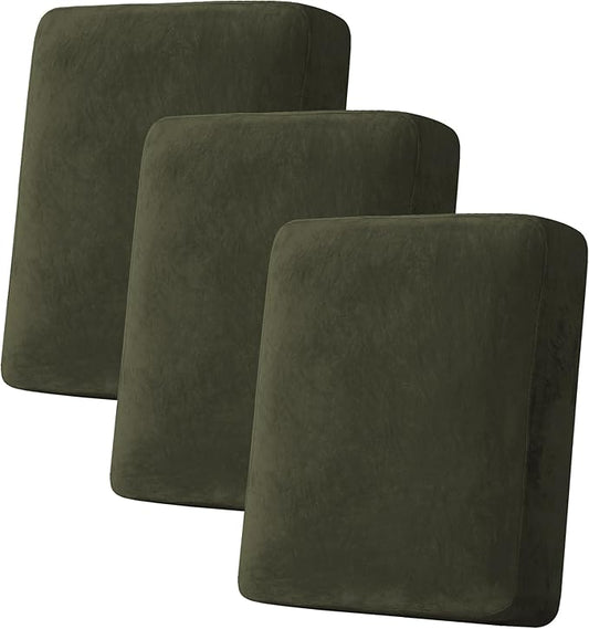 H.VERSAILTEX Velvet Stretch Couch Cushion Cover Plush Cushion Slipcover for Chair Loveseat Sofa Cushion Furniture Protector Seat Cushion Sofa Cover (3 Piece Sofa Cushion Covers, Olive)