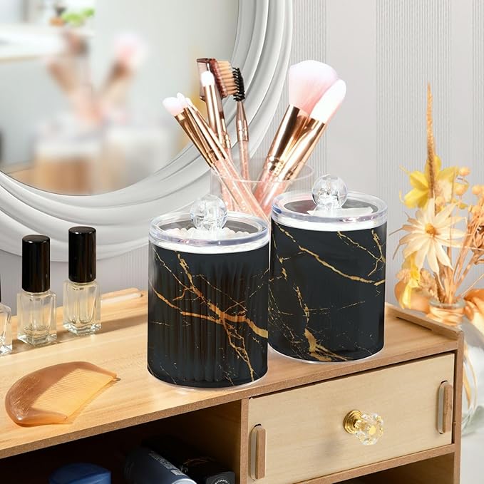 2 Pack Qtip Holder Organizer Dispenser Gold Black Marble Texture Bathroom Storage Canister Cotton Ball Holder Container for Cotton Pads/Swabs/Floss