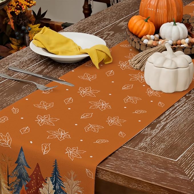 GEEORY Fall Watercolor Trees & Maple Leaves Table Runner 13x48 Inch, Rustic Farmhouse Autumn Thanksgiving Decor for Kitchen, Dining, Indoor/Outdoor Holiday Dinner Party Orange GT158-48