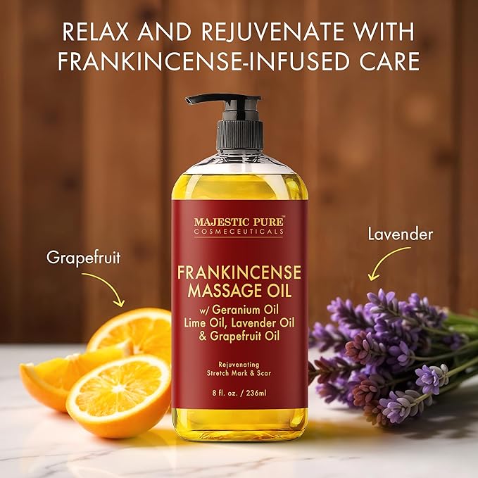 MAJESTIC PURE Frankincense Scar and Stretch Massage Oil for Massage Therapy - Refreshing, and Relaxing - Natural Oils with Frankincense Essential Oil - for All Skin Types - Men and Women - 8 fl oz