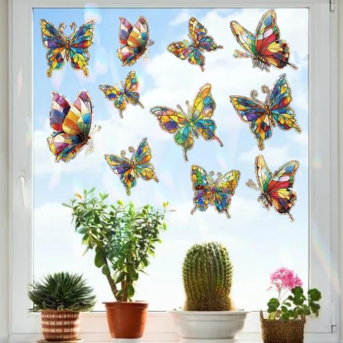 20pcs Window Decals for Bird Strikes, Anti Collision Window Clings, Rainbow Reflection Window Sticker, Butterfly Style Sun Catcher Stickers for Glass Windows