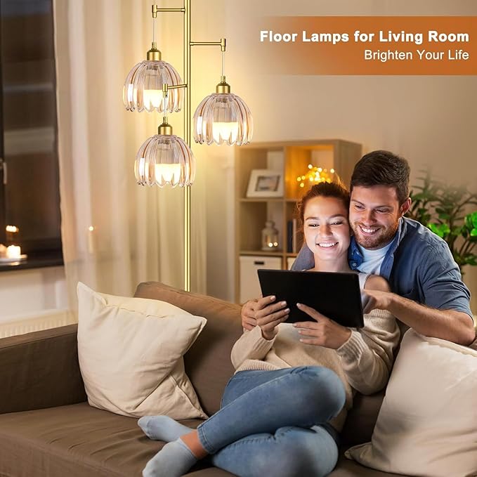 Gold Floor Lamp for Living Room,Bedroom,Tree 3 Light Standing Lamp Mid Century Modern Brass Tall Floor Lamps Vintage Retro Floor Lights Glass Flower Amber Lamp Shade Farmhouse Boho Bohemian