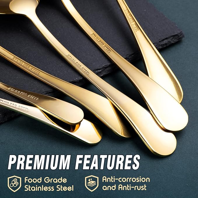 Gold Serving Utensils, OGORI 12-Piece Stainless Steel Serving Utensils Include Serving Spoons, Slotted Spoons, Serving Tongs, Serving Forks, Butter Knife, Stirring Spoon, Soup Ladle, Pie Server