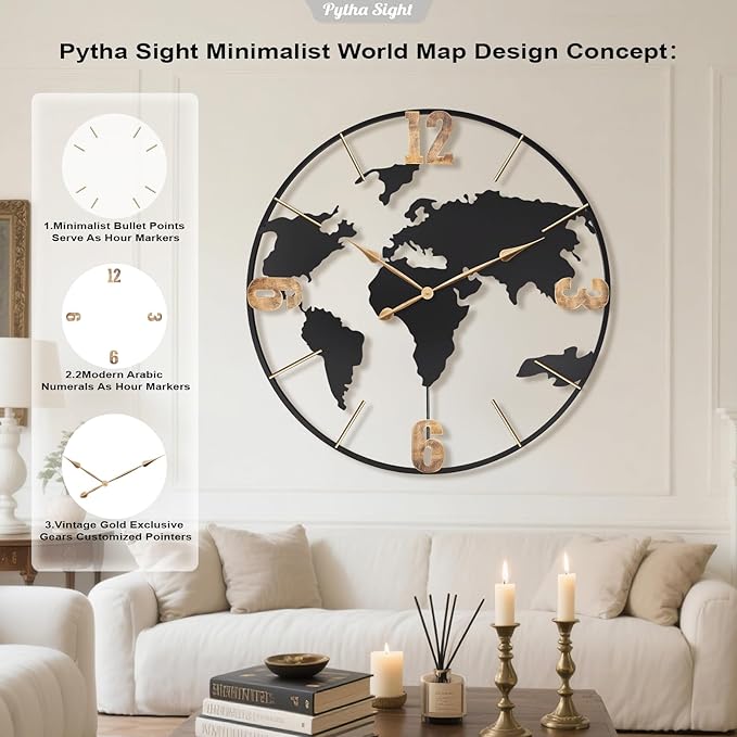36 Inch Oversized Giant Extra Large Modern Decorative Metal World Map Wall Clock,Big Vintage Gold Arabic Numeral Wall Clocks for Living Room,Entryway,Office,Fireplace,Dining Room