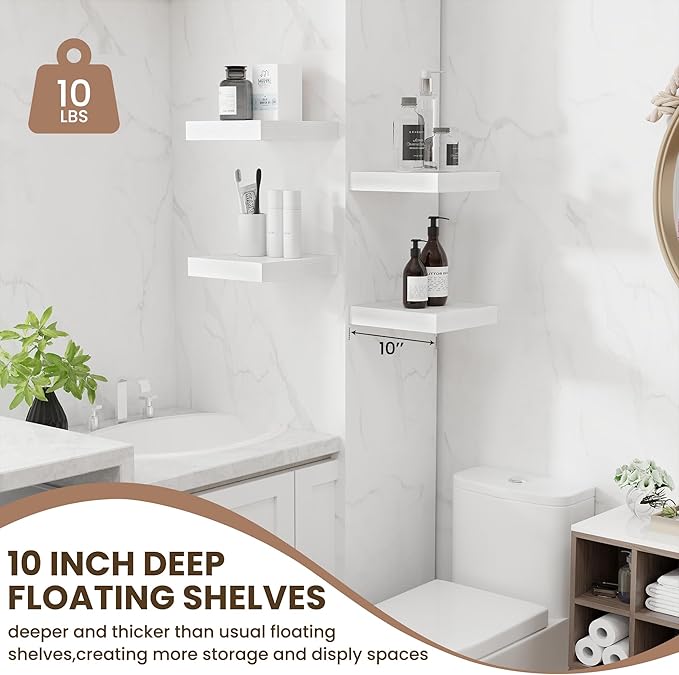 Fun Memories Floating Shelves for Wall 10 Inch, 10 Inch Deep Square Wall Shelves, Bathroom Storage Shelves Over Toilet, Wood Floating Shelves for Living Room Bedroom, White, Set of 2
