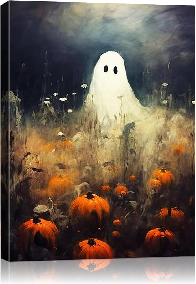 Halloween Canvas Wall Art, Spooky Ghost in Pumpkin Patch Poster, Vintage Gothic Fall Decor, Dark Academia Fall Decor for Living Room, Framed Indoor Halloween Decorations