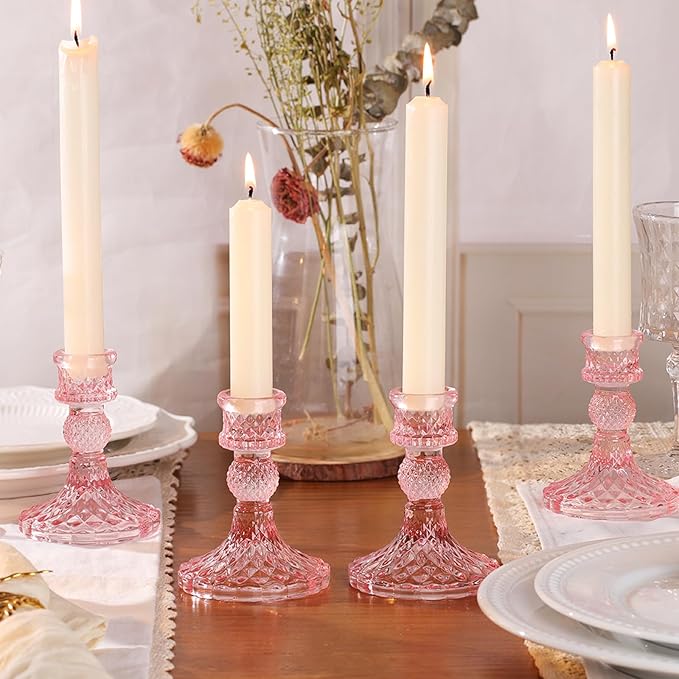12Pcs Pink Candlestick Holders Set- 4" H Taper Candle Holders Bulk, Glass Candle Holders for Wedding, Party, Romantic Dinner Table Centerpieces, Festival Gifts & Windowsill Decor