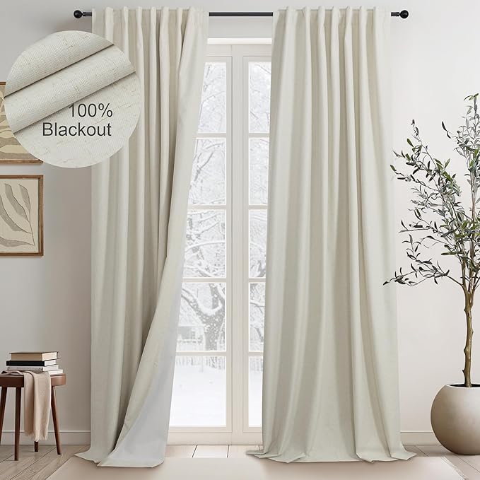 100 Inch Length Custom Summer Curtains for Windows Living Room Viral Back Tab Pleated Extreme Blackout Curtain Linen Designer Drapes for Sliding Glass Doors Patio 52 Wide x 100 Long Tall 2 Panel Beige