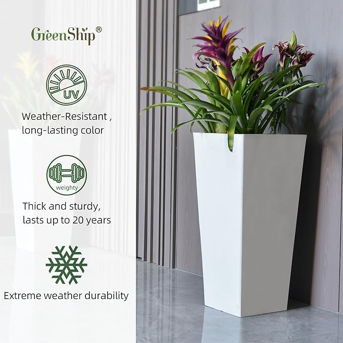 GreenShip 27" Tall Planters, Set of 2 – Black Outdoor Planter for Front Porch & Tall Plants, Weather-Resistant, with Drainage Hole & Rubber Plug (No Plants Included) (White-2pcs)