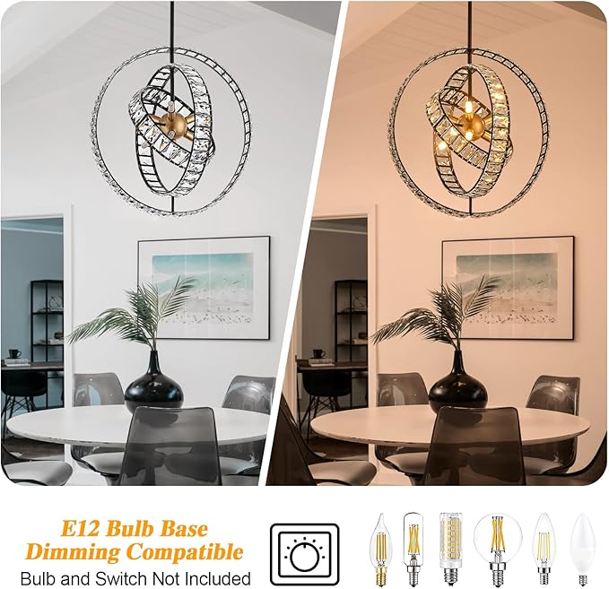 18" Crystal Globe Sputnik Chandelier, 6-Light Black Gold Modern Adjustable Hanging Ceiling Pendant Light Fixture for Entryway Foyer Stairway Bedroom Dining Living Room Hallway