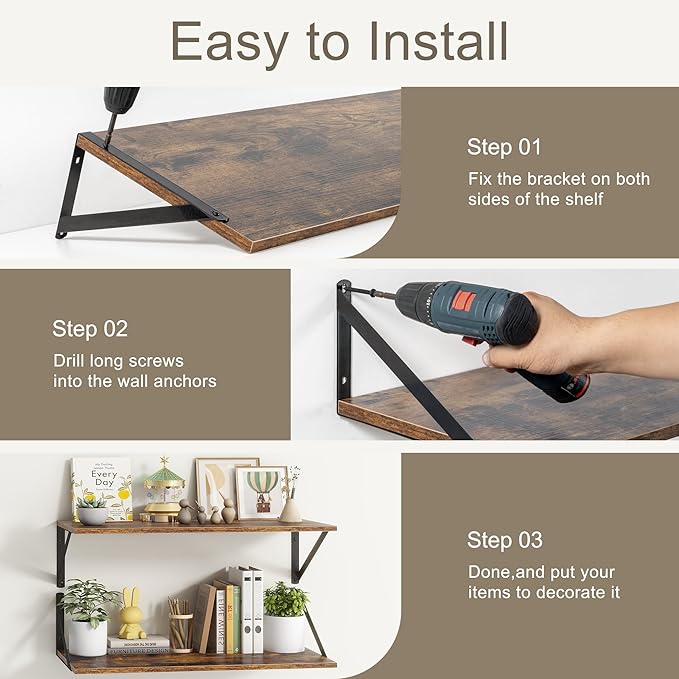 Fun Memories 27.5" W x12 D Floating Shelves, Large Wall Shelves 27.5 Inch Long, Set of 2, Farmhouse Wood Floating Shelf Wall Mounted, Deep Shelves for Bathroom, Living Room, Kitchen, Rustic Brown