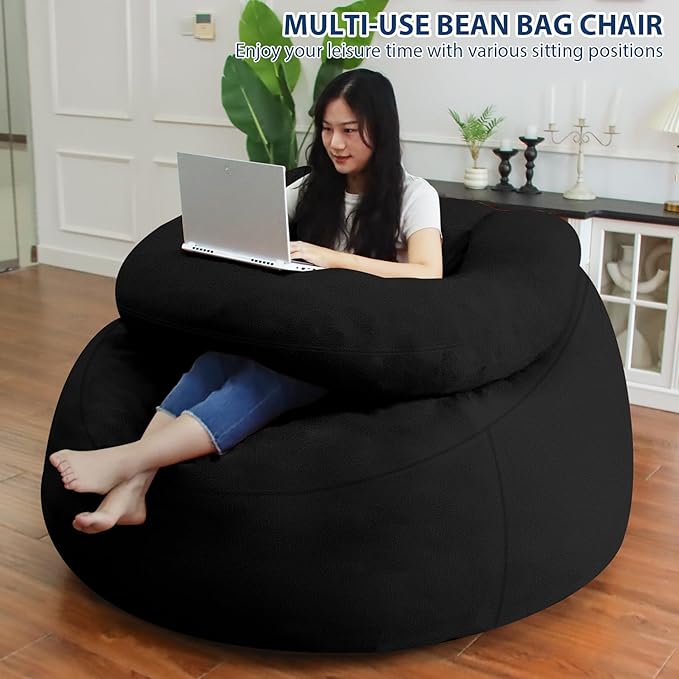 HABUTWAY Bean Bag Chair with U-Shaped Pillow for Adult and Kids Big BeanBag Chair with Filling Ultra Soft Teddy Fleece Couch Chair with Washable Cover for Living Room Bedroom Office, Black & Black