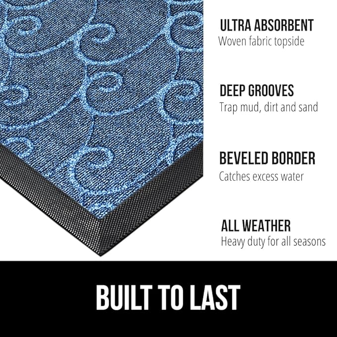 GORILLA GRIP 100% Waterproof All-Season WeatherMax Doormat, 47x35, US Designed Natural Rubber, Stain and Fade Resistant, Low Profile Indoor Outdoor Door Mats, Easy Clean Patio Mat, Ocean Blue Waves