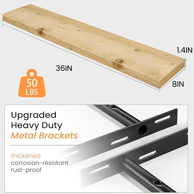 Fun Memories Floating Shelves for Wall Decor, 36"x8" Rustic Reclaimed Wood Shelves, Heavy-Duty Wall Mounted Shelves with Invisible Brackets, Set of 2for Living Room, Bedroom, Kitchen, Natural Finish