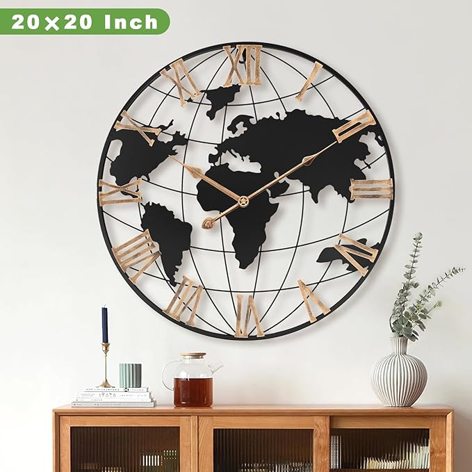 20 Inch Large Wall Clock for Living Room Decor,Big Modern Decorative Silent World Map Metal Wall Clock with Vintage Gold Roman Numeral for Office,Living Room,Kitchen,Dining Room