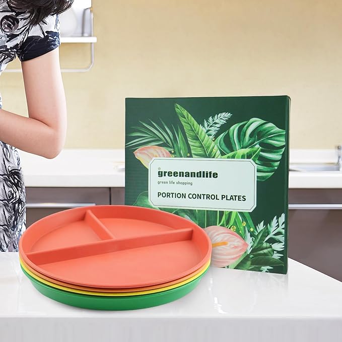 greenandlife 9 Inch 4PCS Unbreakable Portion Control Plates, Divided Plates for Kids Adults, Dishwasher & Microwave Safe Compartment Plate, Lightweight Reusable Wheat Straw Plate, BPA Free