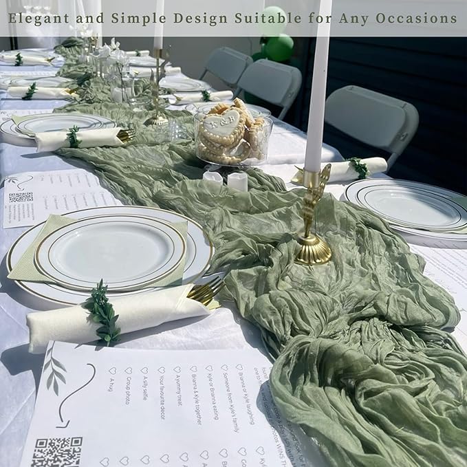 20 Pack Sage Green Cheesecloth Table Runner 10FT Rustic Gauze Fabric Cheese Cloth Table Runner for Wedding Bridal Baby Shower Table Decor 20 x 120 Inch Long Boho Sheer Birthday Party Table Decorations