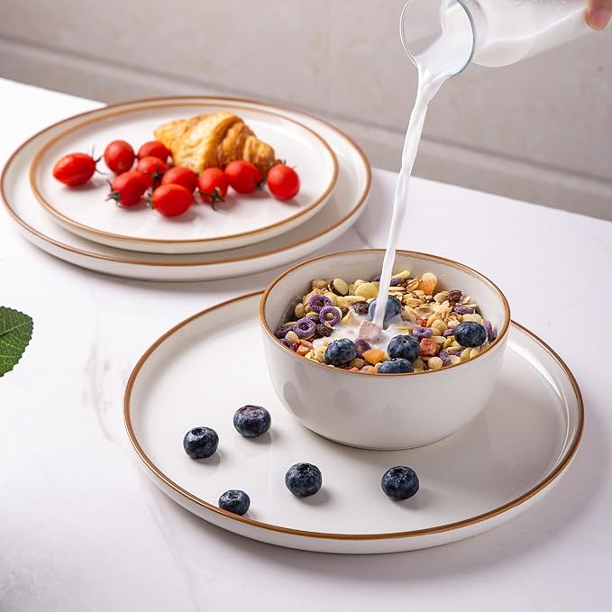 GBHOME Ceramic Dinnerware Sets for 6, 18 Pieces Stoneware Plates and Bowls Sets, Scratch Resistant Dishes, Dishwasher & Microwave Safe, Reactive Glaze-White