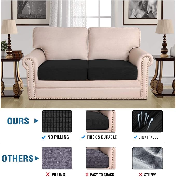 H.VERSAILTEX Super Stretch Individual Seat Cushion Covers Sofa Covers Couch Cushion Covers Slipcover Sets Thick Jacquard Textured Twill Fabric (2 Piece Medium Sofa Cushion Covers, Black)