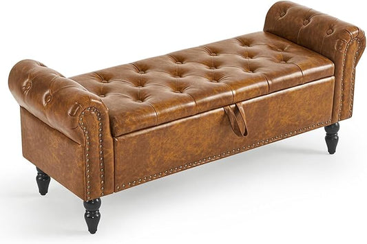 Furniliving Storage Ottoman Bench, Leather Benches End of Bed Bench with Solid Wood Legs Upholstered Ottoman Bench with Storage Indoor Bench for Living Room with Rolled Arm, Entryway, YellowBrown