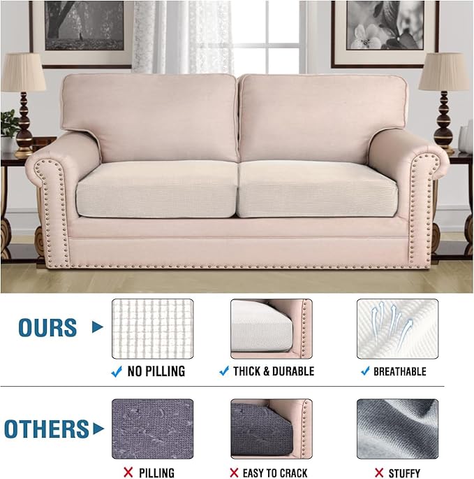 H.VERSAILTEX Super Stretch Individual Seat Cushion Covers - Sofa Couch Cushion Slipcover Sets - Thick Jacquard Textured Twill Fabric - Large (2 Piece, Ivory)