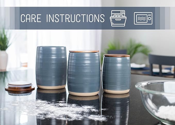 Nat & Jules Lidded Grey 6 inch Ceramic and Wood Kitchen Canisters Set of 3