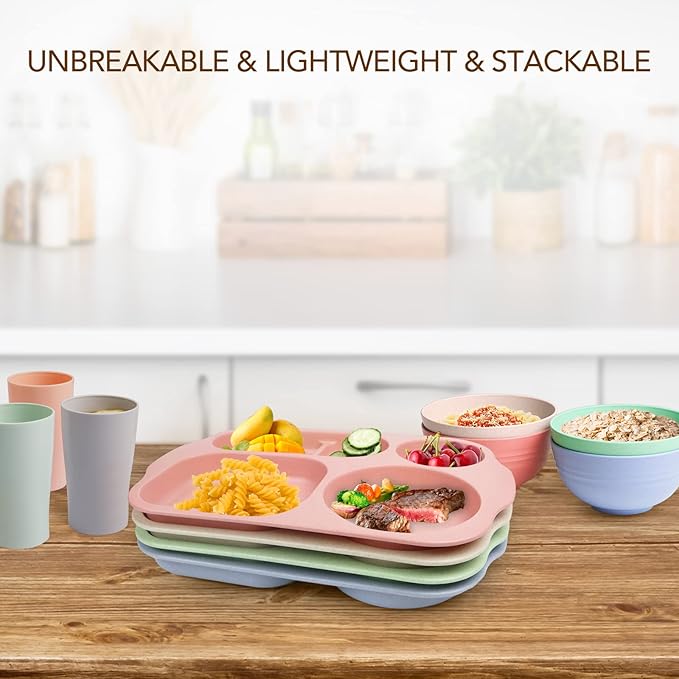 greenandlife 12 Inch (4PCS) Large Unbreakable Divided Plates for Kids Adults, Dishwasher & Microwave Safe Plate, Lightweight Reusable Plastic Compartment Plates, BPA Free and Healthy