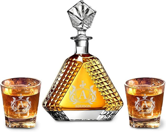 Personalized Triangle Whiskey Decanter Set for Men 650ml Luxury Gift for Groomsman, Liquor Decanters with 2 or 4 Glasses for Birthday, Retirement, Weddings - 24 Engraved Design Options