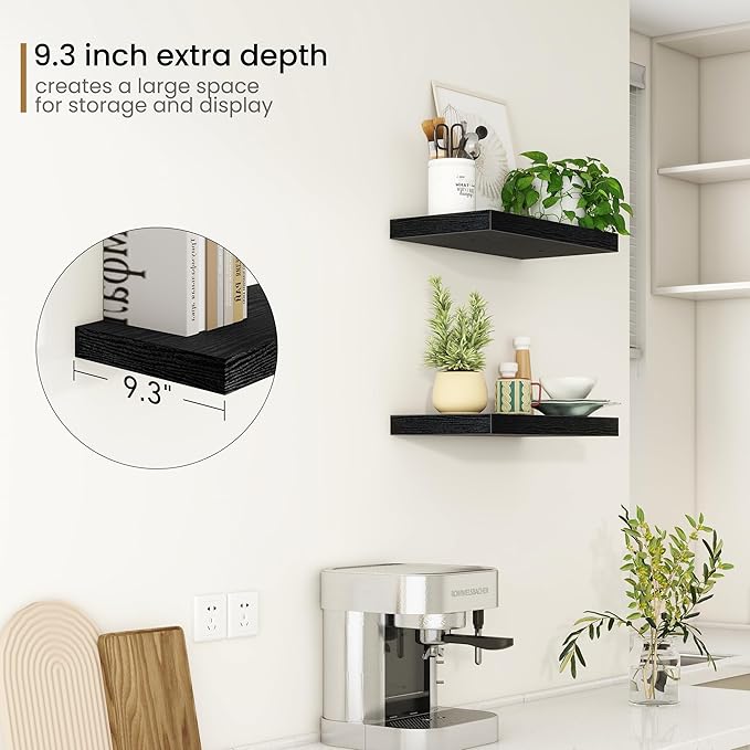 Fun Memories Deep Floating Shelves - 16" W x 9" D x 1.6" H Rustic Black Wall Shelf - Wall Mounted Shelves for Storage - Wooden Shelves with Invisible Brackets for Living Room, Farmhouse - Set of 2