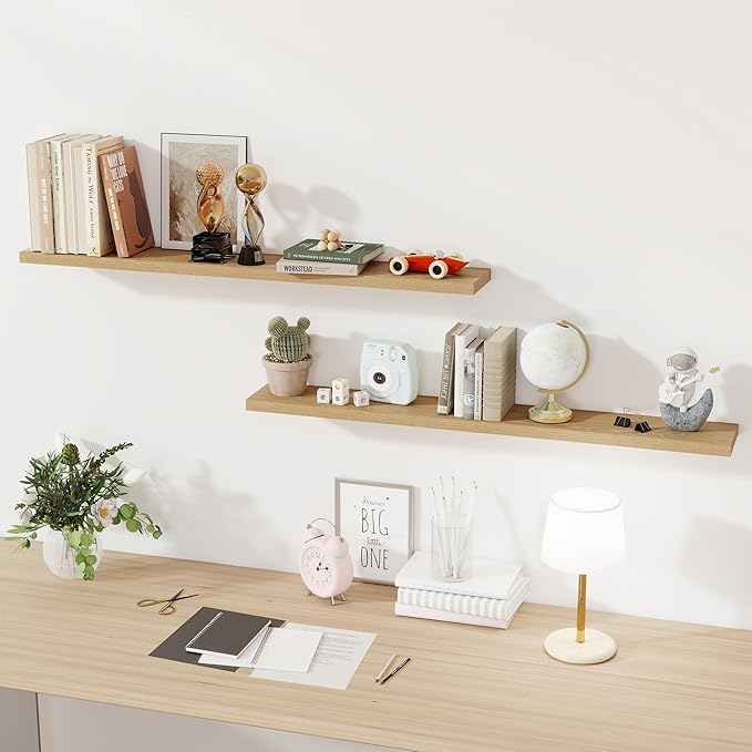 Fun Memories 48 Inch Floating Shelves for Wall, Set of 2 – Rustic Wood Wall-Mounted Shelves with Invisible Brackets for Bedroom, Bathroom, Kitchen – Storage, Books, or Decor, Oak