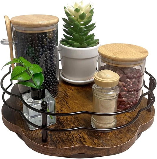 12" Lazy Susan Turntable Organizer with Higher Metal Sides, Wooden Lazy Susan Spice Rack Organization and Storage for Cabinet,Kitchen,Countertop,Table Top,Dining Table,Coffee Bar Decor