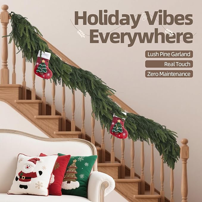 6FT Artificial Norfolk Pine Garland – Real Touch Greenery Garland, Dense Green Plants for Indoor Outdoor Christmas, Holiday, and Home Decoration (1, 6FT-)