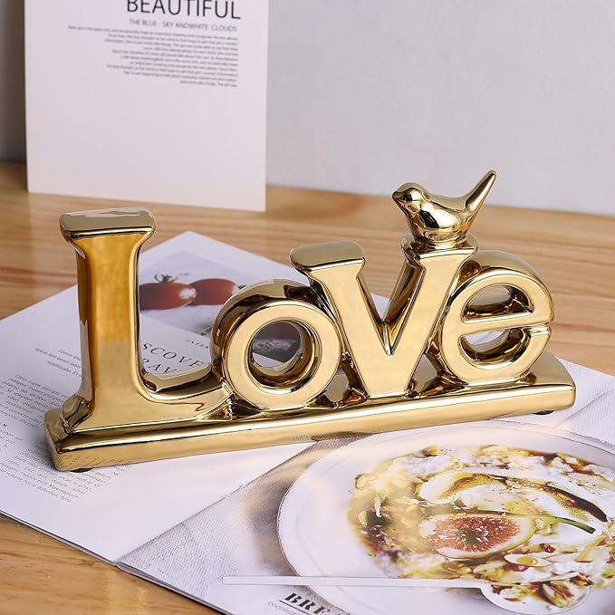 Gold Love Sign Statue - Personalized Home Decor, Bird Sculpture for Living Room, Bedroom, Desktop & Cabinets