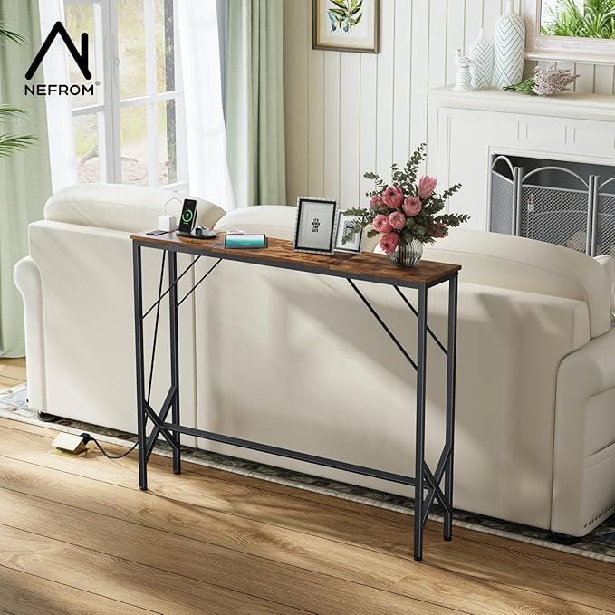 39.4" Console Table, Skinny Entryway Table with Fast-Charging Station, Narrow Long Sofa Table, Behind Slim Couch Table for Entrance, Hallway, Living Room Decor ST-BR100-1