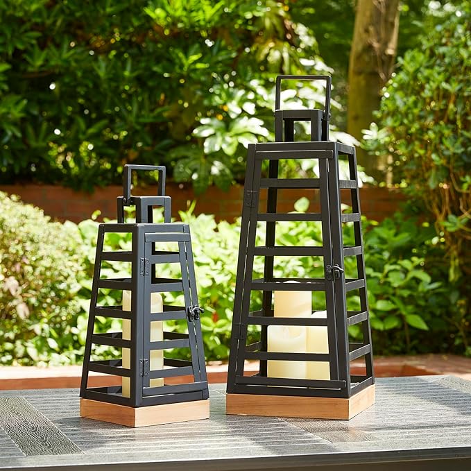 Glitzhome Set of 2 Modern Trapezoid Metal/Wood Decorative Lanterns,Large Candle Lanterns for Living Room,Home,Indoor, Outdoor,Table,Fireplace Mantle Decor -Black(No Glass)