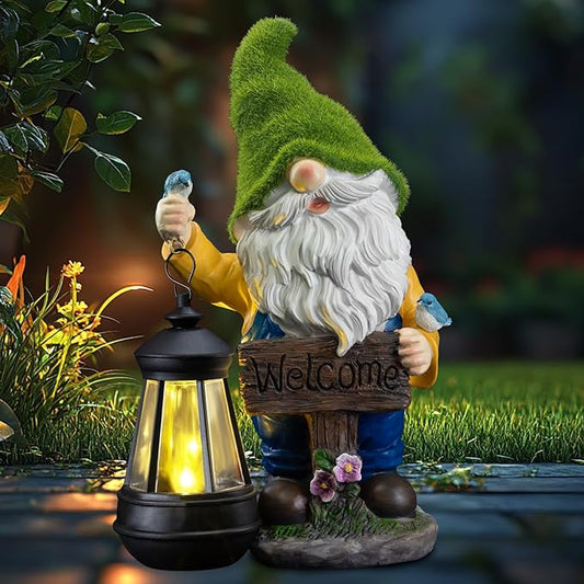 Garden Gnome Outdoor Statues with Solar Lights,Resin Flocked Solar Gnome Statue Holding Lantern,Outdoor Gnomes Decorations for Garden, Patio Gnome Gifts for Mom