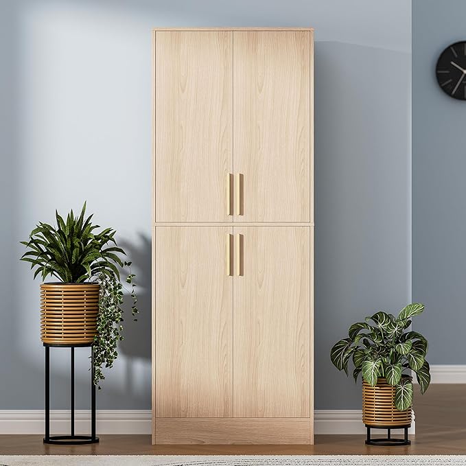 71" Tall Pantry Cabinet with 4 Doors, Kitchen Pantry Storage Cabinet, Freestanding Larder Cupboard, Utility Kitchen Hutch with Gold Handles for Dining Room, Bathroom, Oak